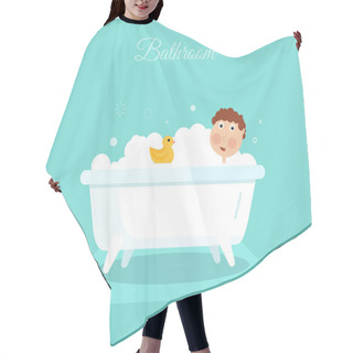Personality  Flat Smiling Boy With Yellow Duck Taking Shower In Bath. Cartoon Hygiene Illustration Hair Cutting Cape