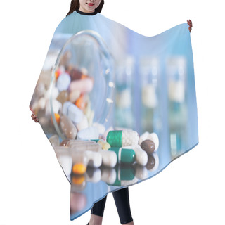 Personality  Colorful Tablets With Capsules And Pills On Blue Background Hair Cutting Cape