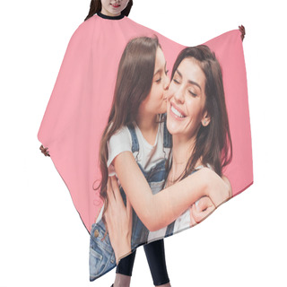 Personality  Daughter Kissing Happy Mother Isolated On Pink  Hair Cutting Cape