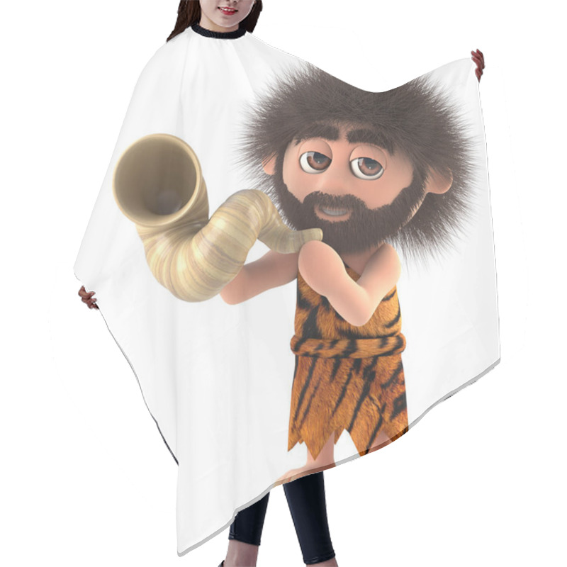 Personality  3d Render Of A Funny Caveman Blowing Through A Horn. Hair Cutting Cape
