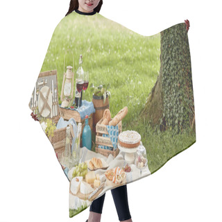 Personality  Blanket With Picnic Food Set On Green Grass Under Tree In Park Hair Cutting Cape