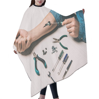 Personality  Cropped View Of Man Repairing Hand With Screwdriver Hair Cutting Cape