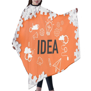 Personality  Top View Of Frame Of White Jigsaw Puzzle Pieces Around Of Idea Lettering On Orange Hair Cutting Cape