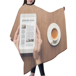 Personality  Top View Of Man Holding Digital Tablet With Business News On Screen Near Cup Of Coffee Hair Cutting Cape