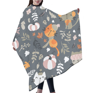 Personality  Seamless Pattern Of Cats Wearing Scarf, Playing On Pumpkin Patch Hair Cutting Cape