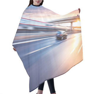 Personality  Car Driving On Freeway At Sunset, Motion Blur  Hair Cutting Cape
