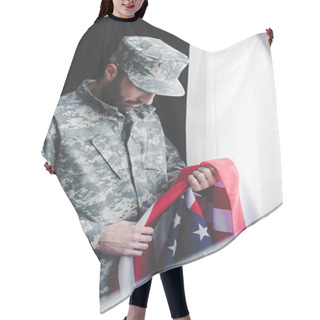 Personality  Selective Focus Of Sad Military Man In Uniform Holding Usa National Flag While Standing By Window With Bowed Head Hair Cutting Cape