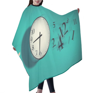 Personality  Hands Catching A Clock With Numbers Detached In The Air. Lack Of Time Concept . The Concept Of Time Passing Quickly Hair Cutting Cape