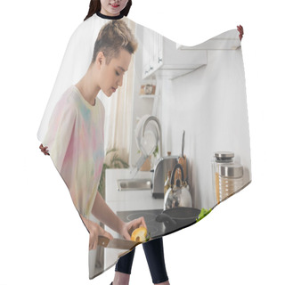Personality  Side View Of Pansexual Person Preparing Breakfast And Cutting Bell Pepper In Kitchen Hair Cutting Cape