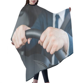 Personality  Cropped View Of Hands Of Businessman On Steering Wheel In Car Hair Cutting Cape