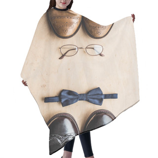 Personality  Top View Of Shoes, Glasses And Tie Bow On Wooden Surface Hair Cutting Cape