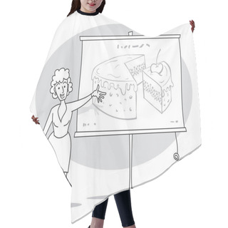 Personality  A Woman With A Folder In Her Hand Giving A Presentation.  She Shows Pie Chart On Whiteboard By Her Hand. Cartoon Vector Illustration Hair Cutting Cape