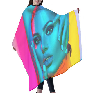 Personality  Fashion Model Woman In Colorful Bright Lights With Trendy Makeup Posing In Studio Hair Cutting Cape
