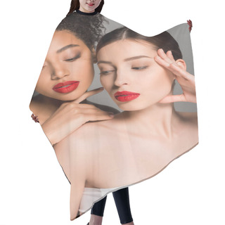 Personality  Attractive Nude Multiracial Girls With Red Lips, Isolated On Grey Hair Cutting Cape