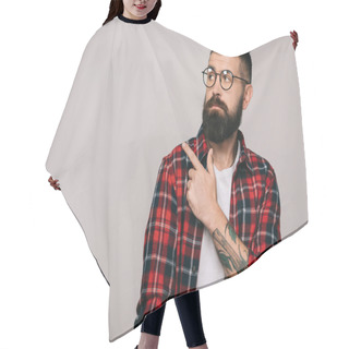 Personality  Stylish Bearded Man Pointing Isolated On Grey Hair Cutting Cape
