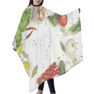 Personality  Different Vegetables For Making Salad Lie On A White Wooden Table, Top View, Frame Hair Cutting Cape