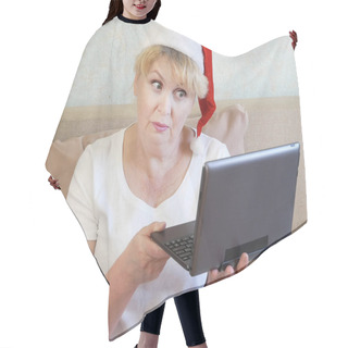 Personality  Senior Woman Wearing In Santa Claus Red Hat With Xmas Deocration On Virtual Zoom Video Call Celebrate, Merry Xmas And Happy New Year, Closeup Hair Cutting Cape