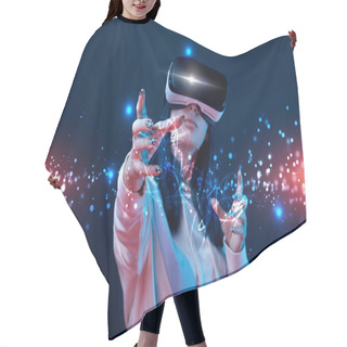 Personality  Young Woman In Vr Headset Gesturing Near Glowing Cyber Illustration On Dark Background Hair Cutting Cape
