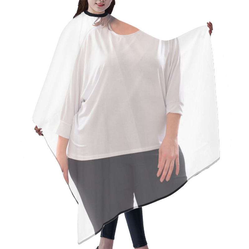 Personality  Portrait Of Plus Size Model Woman Wearing XXL White Sweater Sweatshot And Black Leggins Posing Isolated On White Background. Hair Cutting Cape
