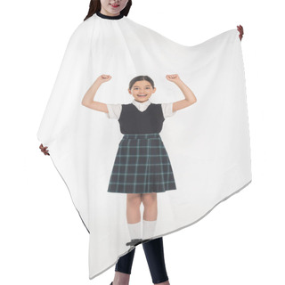 Personality  Excitement, Happy Schoolgirl Celebrating Back To School, Isolated On White, Full Length, Uniform Hair Cutting Cape