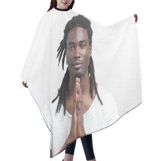Personality  Close Up Of Black Man With Dreadlocks Praying On White Background Hair Cutting Cape