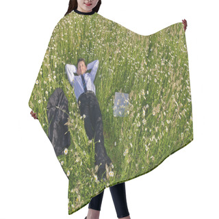 Personality  Businessman In Suit Is On A Flowery Meadow And Relaxed Hair Cutting Cape
