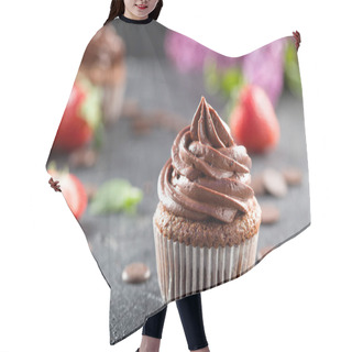 Personality  Chocolate Cupcakes. Freshly Baked Homemade Cupcakes With Strawberries, Mint Leaves And Lilac Flowers On A Gray Background. Home Baking Concept. Soft Focus Hair Cutting Cape
