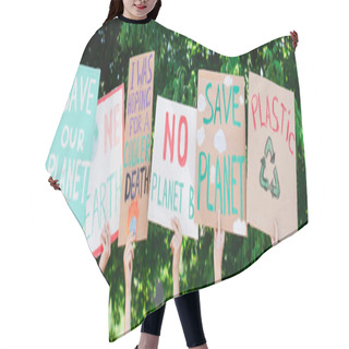 Personality  Panoramic Shot Of People Holding Placards With Save Our Planet And One Earth Lettering Outdoors, Ecology Concept Hair Cutting Cape