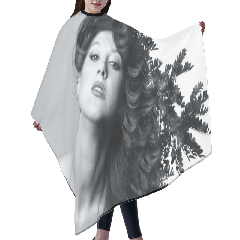 Personality  Double Exposure Of Beautiful Caucasian Woman. Hair Cutting Cape