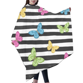 Personality  Beautiful Seamless Background. Butterflies On Black And White Watercolor Stripes. Design Holiday Greeting Card And Invitation Of Wedding, Happy Mother Day, Birthday, Valentine S Day And Holiday Hair Cutting Cape