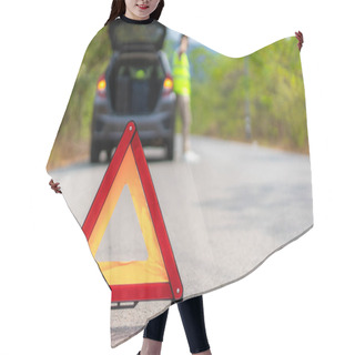 Personality  Breakdown Triangle Sign On Road With Worried Asian Man Talking By Mobile Phone With Insurance Or Car Service Center Company After Car Breakdown On Country Road In Background Hair Cutting Cape