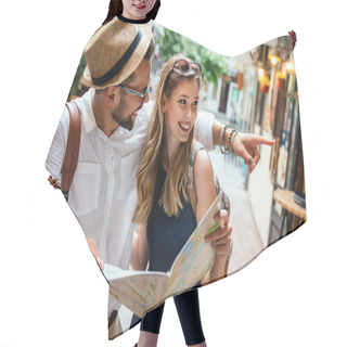 Personality  Happy Young Couple Of Travelers With Map Having Fun On Vacation Together. People Happiness Concept Hair Cutting Cape