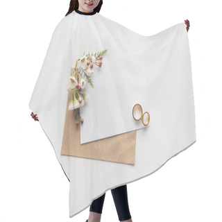 Personality  Top View Of Empty Card With Brown Craft Paper Envelope And Wedding Rings On Grey Background Hair Cutting Cape