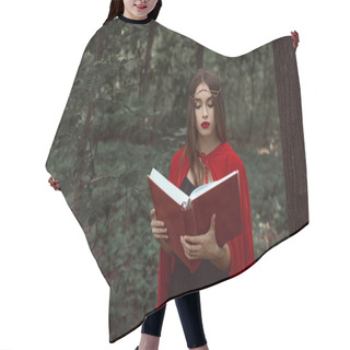 Personality  Attractive Mystic Woman In Red Cloak And Wreath Reading Magic Book In Forest Hair Cutting Cape