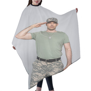 Personality  American Patriot In T-shirt And Military Cap Saluting During Memorial Day Isolated On Grey, Banner  Hair Cutting Cape