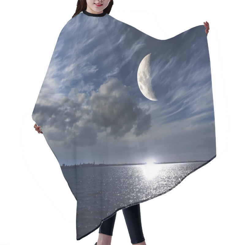 Personality  Mysterious  Moon On Blue  Night Sky  Fluffy  Dramatic Cloudy   Sky At Sea On Water Wave Moonlight  Light Reflection  City Silhouette On Horizon  Nature Landscape Fantasy Hair Cutting Cape