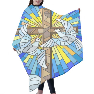 Personality  Illustration With A Cross And A Pair Of White Doves In The Stained Glass Style Hair Cutting Cape