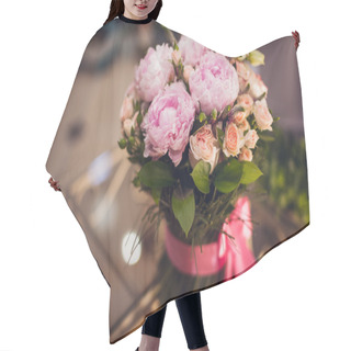 Personality  Bouquet Of Pink Peonies  On Table  Hair Cutting Cape