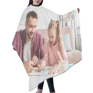 Personality  Cheerful Dad And Daughter Having Fun And Drawing At Home Hair Cutting Cape