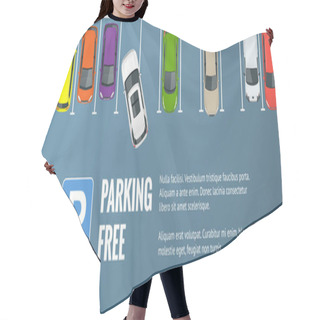 Personality  Vector Illustration City Parking Lot With A Set Of Different Cars. Public Car-park. Flat Illustration For Web. Urban Transport. Large Number Of Cars In A Crowded Parking. Hair Cutting Cape