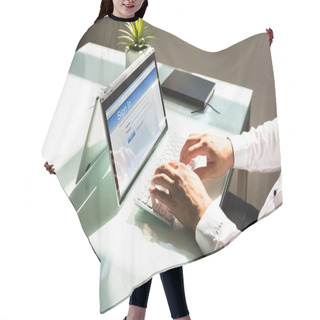 Personality  Businessman's Hand Signing Into Website On Reflective Desk Hair Cutting Cape