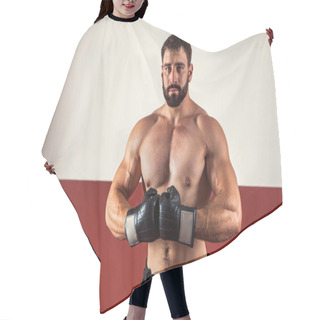 Personality  Muscular Boxer In Boxing Gloves Is Looking At The Camera.  Hair Cutting Cape
