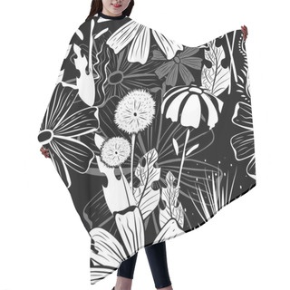 Personality  Floral Background. Wildflowers, Leaves, Stems On A Black Background. Summer Endless Illustration. Hair Cutting Cape