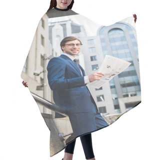 Personality  Bottom View Of Smiling Young Businessman In Stylish Suit With Newspaper In Business District Hair Cutting Cape