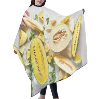 Personality  Cropped View Of Man Holding Cut Delicious Melon Near Exotic Yellow Watermelon On Marble Surface With Ice And Mint Hair Cutting Cape