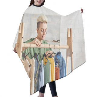 Personality  Young And Happy Woman Looking At Fashionable Casual Clothes On Rack In Living Room, Thrift Store Finds, Second-hand, Conscious Lifestyle, Sustainable Fashion And Mindful Consumerism Concept Hair Cutting Cape