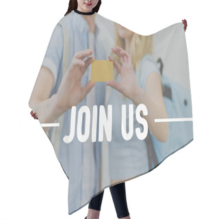 Personality  Cropped Shot Of Young Students Holding Golden Card, Join Us Inscription Hair Cutting Cape