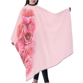 Personality  Top View Of Pink Roses And Tulips Buds On Pink Background With Copy Space Hair Cutting Cape