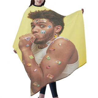 Personality  Shocked African American Guy In Tank Top With Stickers On Face Looking At Camera On Green Backdrop Hair Cutting Cape