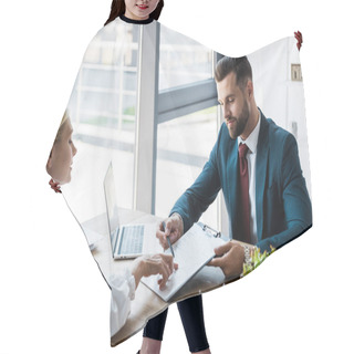 Personality  Selective Focus Of Handsome Recruiter Near Attractive Employee In Office  Hair Cutting Cape